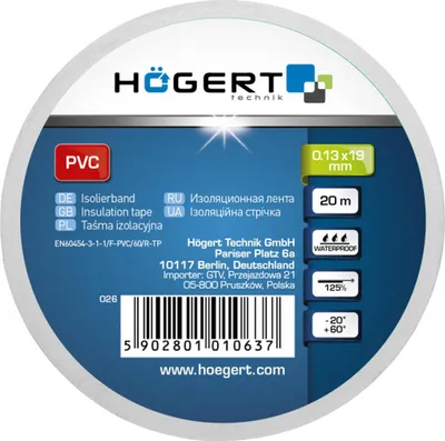 Immagine prodotto di Nastro isolante Högert 0,13 mm x 19 mm x 20 m, bianco