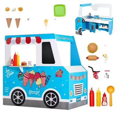 Produktbild von VEVOR Eiswagen für Kinder, 20+ Teile Eiswagen Holzspielset, Rollenspielstand mit Lenkrad & Tafel, Zahlungsscanner & Gefrierfach, Wasserhahn & Spüle, Geeignet für Kinder von 3-7 Jahren