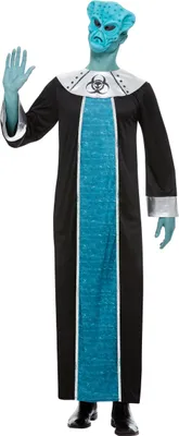 A person wearing an alien costume, including a mask and a long robe, stands against a white background.