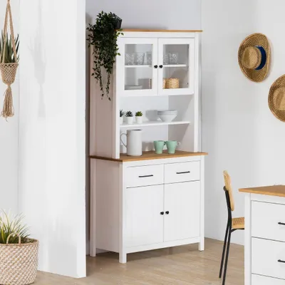 Immagine prodotto di Credenza alta con vetrina Miranda in legno massiccio colore bianco e rovere 90x40x180H - 4 ante e 2 cassetti