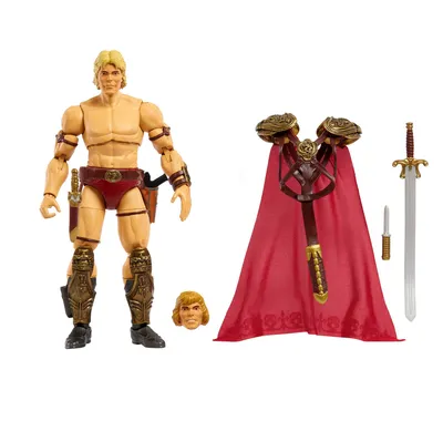 A Masters of the Universe Masterverse Movie He-Man action figure with accessories.