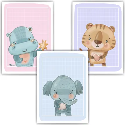 Produktbild von Süße Tiere 3er Set DIN A4 Kinderzimmer Wandbilder Babyzimmer Poster Dekoration Nilpferd Elefant Tiger