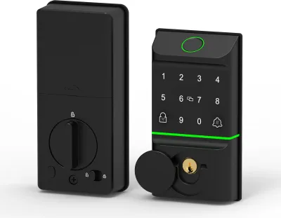 Two smart locks are shown against a white background. One is shown from the back, and the other from the front, displaying its keypad and keyhole.
