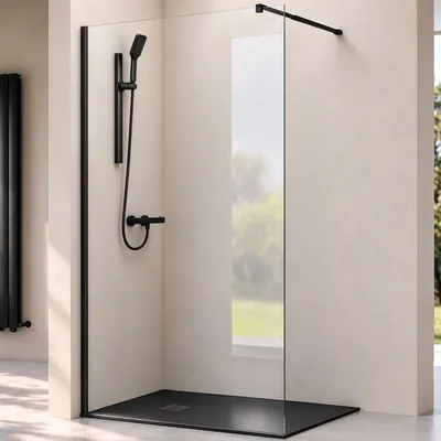 Produktbild von doporro Duschwand 120x200cm Walk-In mit 30cm Nebenteil, 8mm Duschabtrennung Bremen schwarz mit Stabilisator, aus Echtglas ESG-Sicherheitsglas Klarglas