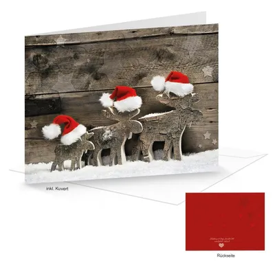 Produktbild von Kuverts + Weihnachtskarten DIN A6 quer Klappkarten Holz-Optik mit Rentier-Motiv rot weiß 10 Stück100 Stück