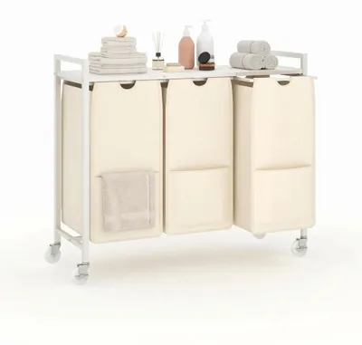 Image de Panier à linge sur roulettes - Trieur de linge à 3 compartiments, capacité de 120 litres - En toile, avec sacs amovibles et étagère de rangement - Blanc beige