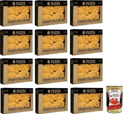 Produktbild von 12x Filotea Spaghetti alla Chitarra Pasta all'Uovo,Eiernudeln aus italienischen Rohstoffen,Packung mit 500g + Italian Gourmet Polpa di Pomodoro 400g Dose