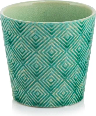 A close-up studio shot of a green ceramic pot with a diamond pattern.