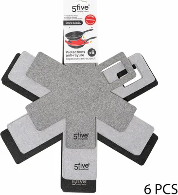 A set of six grey and black felt pot protectors arranged in a star shape, with a product packaging card above them.
