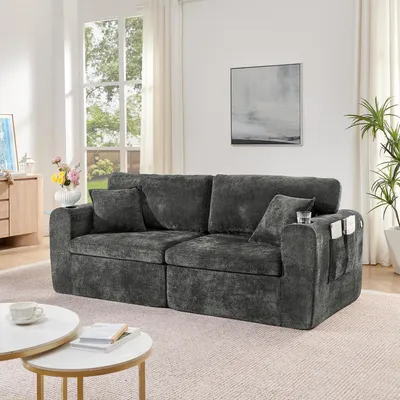 Produktbild von okwish 2-Sitzer Wohnzimmersofa mit Getränkehalter und Kissen,Chenille-Stoff, mit seitlicher Aufbewahrungstasche,für kleine Wohnungen,Schwarz