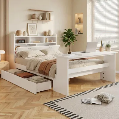 Produktbild von Merax Kinderbett 140x200cm mit Schublade und Klapptisch verstellbar bis 45°, Holzbett mit Stauraum und Kopfteil Regal, Jugendbett mit Lattenrost, Weiß