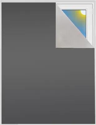 A dark gray fabric partially covers a window, with a corner peeled back to reveal a sunny sky.