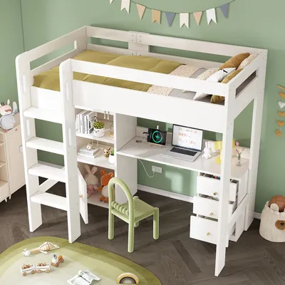 Image de MODFU Lit mezzanine 90x200 cm - Lit enfant ado avec bureau intégré et tiroirs, escalier sécurisé, multifonction - Blanc Sans Matelas