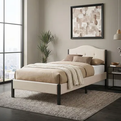 Produktbild von ML-Design Polsterbett 90x200cm Beige Einzelbett mit stabilem Bettgestell Bettrahmen mit Kopfteil & Lattenrost Modernes Jugendbett Bett mit Leinenstoff