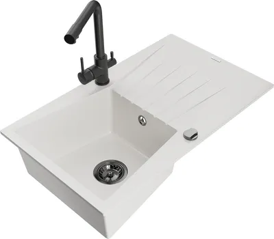 Produktbild von Mexen Cesar 1 Becken-Granitspüle mit Abtropffläche und Mischbatterie Duero, Weiß - 6514-20-671600-70