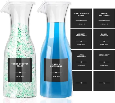 Productafbeelding van Vloeibare wasmiddel dispenser - 1182ml stof verzachter opslag fles - Geur booster kralen container met 8 waterdicht label voor waskamer organisatie