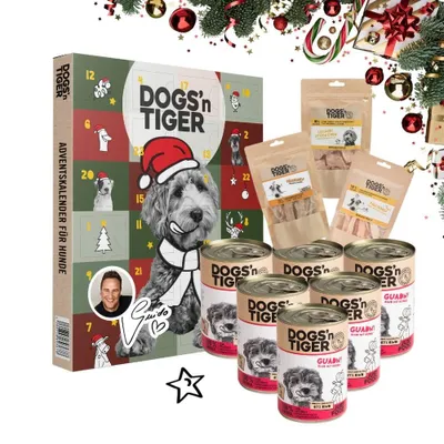 Produktbild von Dogs’n Tiger Guido Maria Kretschmer Adventskalender Hunde Box | Monoprotein | Rind | Premium Fleischmahlzeiten & Snacks | Adventskalender Hund