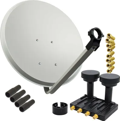 A collection of satellite dish components arranged on a white background.