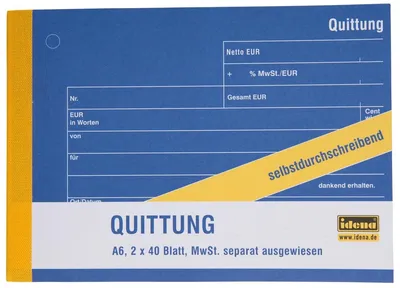 Produktbild von Idena 314260 - Quittung A6 quer mit Mwst, 2x40 Blatt, SD