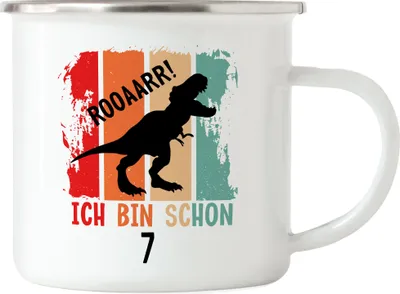 Produktbild von Roooaarr Ich Bin 7 Emaille Tasse Dinosaurier Dino T-Rex Geburtstagskind Geschenkidee