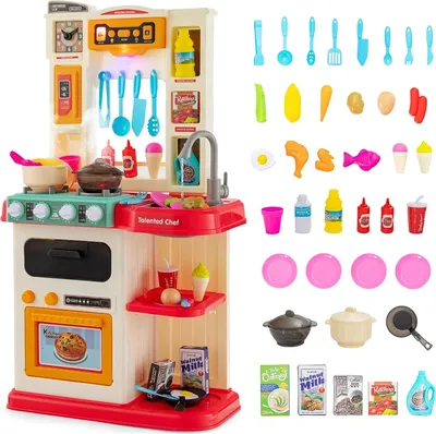 Produktbild von Kinderküche mit 65 TLG. Zubehör, Kinderspielküche mit Spülbecken Wasserhahn Herd Öfen, Spielküche mit Licht und Sound und Dampf-Effekt und echtem Wasserfluss, für Kinder ab 3 Jahren (Rot+Beige)