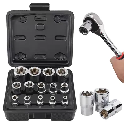 Immagine prodotto di Set di 14 chiavi a bussola esagonali con profilo Torx E, con inserti Torx E da E4 a E24, per uso esterno