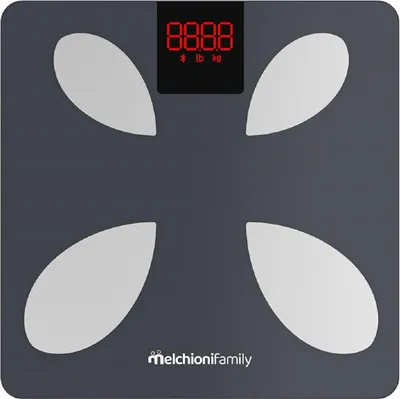 Produktbild von Melchioni Smart Badezimmerwaage 180kg gehärtetes Glas Körper Analyse grau weiß