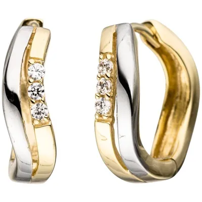 Image de Boucles d'oreilles en or, créoles rondes de 15 mm, créoles en zircone cubique, or jaune 333, or blanc, bicolore, 2,7 grammes