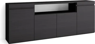 A black sideboard with four doors and an open shelf in the middle, shown from a slightly angled front view.