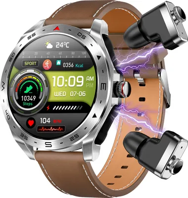 A smartwatch with attached earbuds, presented against a white background with simulated electrical connections between them.