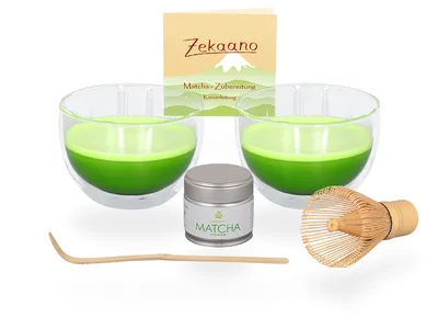Produktbild von Matcha Set / Matchaset / 2x Matcha Schale 400ml aus doppelwandigem Thermo-Glas mit Besen/Löffel und Tee