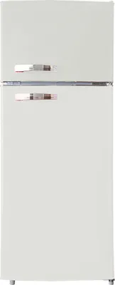 A freestanding cream-colored refrigerator-freezer combination.