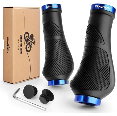 Image de Poignées de vélo ergonomiques, antidérapantes, en caoutchouc, à double verrouillage, de 22,2 mm, noires et bleues, longueur 130 mm