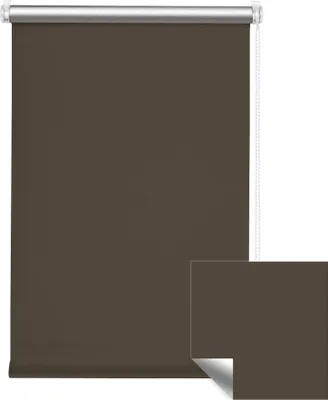A dark brown roller blind is shown, with a small swatch of the same material in the bottom right corner.