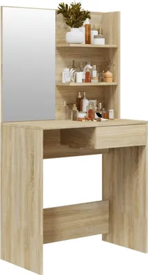 A vanity table with a mirror and shelves filled with cosmetic products.
