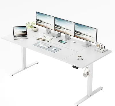 Produktbild von Schreibtisch höhenverstellbar elektrisch 120 x 80 cm | Schreibtisch elektrisch mit 2 Speicherplätzen, Stehschreibtisch mit vierteiliger Tischplatte, Computertisch, Weiß