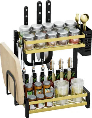 Produktbild von Heikoeco ® Gewürzregal Küche, Küchen Organizer mit 2 Ebene, Gewürzregal stehend mit Messerhalter & Haken, Gewürzständer aus Metall, Schwarzgold