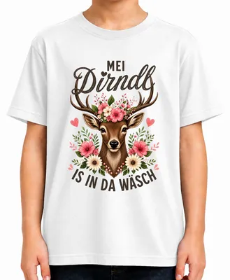 Obrázok produktu pre Mei Dirndl – tričko s motívom "Reh, Kitz, Blumen" (srna, mláďa, kvety), tradičný nemecký štýl, kožená nohavica, detské tričko, biela, veľkosť 116