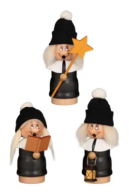 Three wooden figurines of witches or wise women, each wearing a black hat and dress, and holding different items.