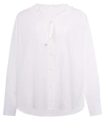 Produktbild von Weiße Damen Bluse Größe M mit Rüschenkragen, Bindedetail und Knopfleiste