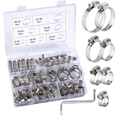 Produktbild von 73-teiliges Schlauchklemmen-Set, verstellbare 6–38 mm Schlauchklemmen, Edelstahl-Rohrklemmen-Set, 7 Größen, geeignet für alle Arten von Rohren