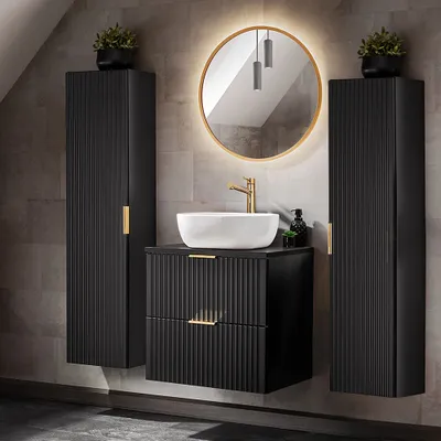 Produktbild von Badezimmer Möbel Set, 60cm Waschtisch mit Keramik Aufsatzbecken, 2 Hochschränke, matt schwarz mit gerillter Front, ADELAIDE-56-BLACK, B/H/T ca. 160/200/46,5 cm