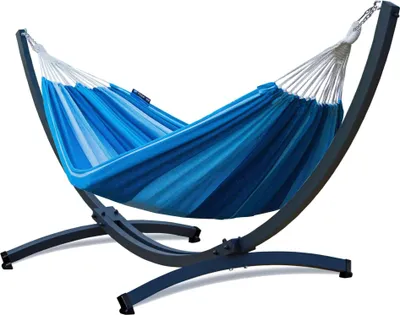 Produktbild von Potenza Outdoor Hängematte mit Tytan Gestell für 2 Personen I Baumwolle Doppelhängematte XXL 220x160, 200kg I Hängemattengestell 350 kg, wetterfest