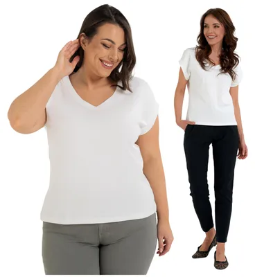 Produktbild von Moraj - T-Shirt Größe XXL - Damen T-Shirt Weiß - Baumwoll T-Shirt fur Damen - weißes T-Shirt V-Ausschnitt