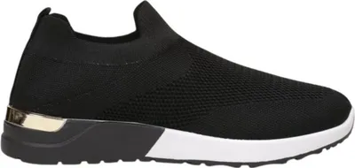 A black slip-on sneaker with a white sole and a gold accent on the heel.