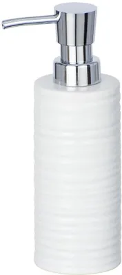 Produktbild von Unyqoos® Keramik-Seifenspender Weiß, nachfüllbar – gerilltes Design, 6 x 18,5 x 8 cm, für Handseife & Spülmittel, eleganter Spender für Küche & Bad