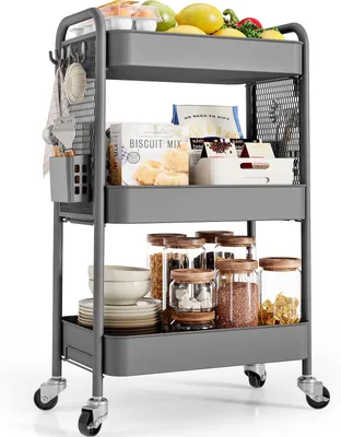Image de Chariot de rangement polyvalent pour de multiples utilisations – équipé de panneaux d'affichage autocollants, de paniers et de crochets pour un espace de rangement supplémentaire dans la cuisine, la salle de bains, le bureau, la salle de classe et bien plus encore – gris, 3 niveaux