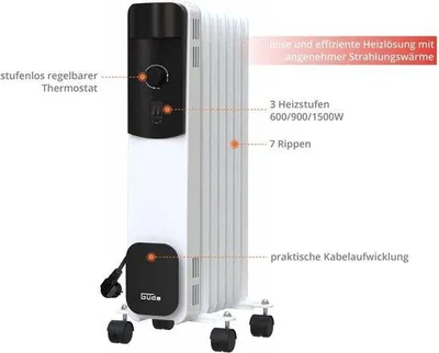 Obrázok produktu pre Elektrický radiátor 1500 W, 7 rebier – 3 stupne vykurovania – termostat bez pary – ochrana proti prehriatiu