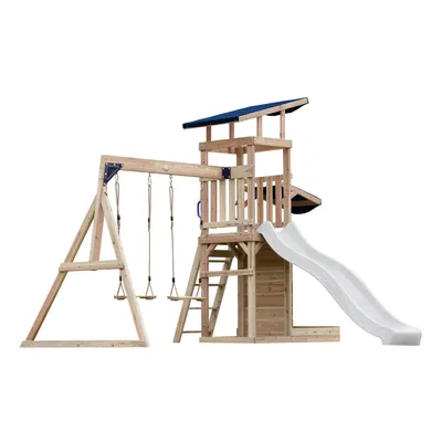 Produktbild von AXI Malik Spielturm aus Holz mit 2 Schaukeln | XXL Spielhaus / Spielplatz für Kinder mit Sandkasten, Spielwand & Rutsche in Weiß | Schaukelgerüst für den Garten