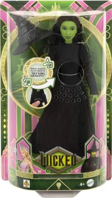 A doll of the Wicked Witch of the West from the musical Wicked, displayed in its retail packaging.